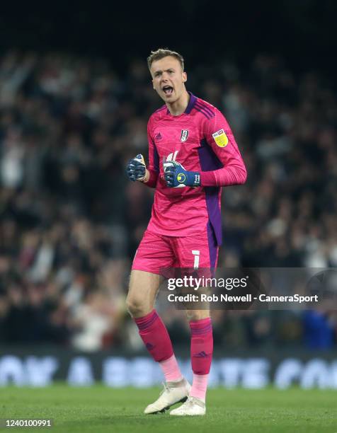 Fulham's Marek Rodak celebrates his sides third goal during the Sky Bet Championship match between Fulham and Preston North End at Craven Cottage on...