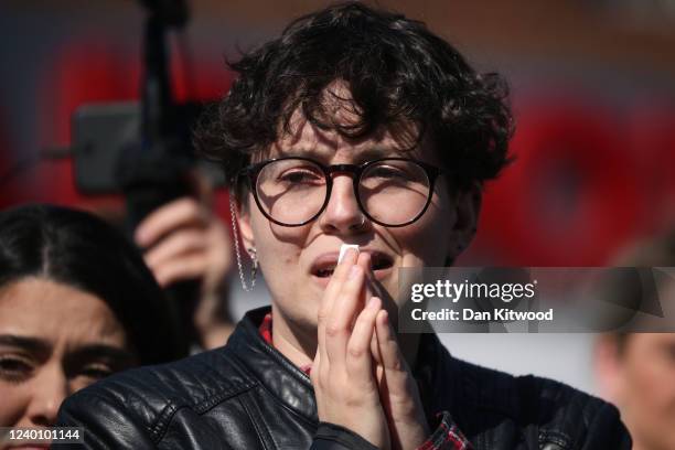 Fans mourn outside St Francis of Assisi church before a funeral service for Tom Parker on April 20, 2022 in Orpington, England. British singer Tom...