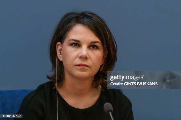 German Foreign Minister Annalena Baerbock addresses a press conference with her Latvian counterpart following their meeting on April 20, 2022 in...