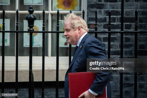British Prime Minister, Boris Johnson, leaves 10 Downing Street to attend Prime Ministers Questions at the House of Parliament on April 20, 2022 in...
