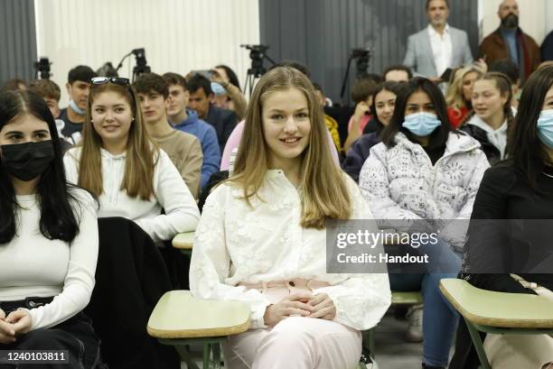 In this handout image provided by Casa de S.M. The King, Princess Leonor attends a conference on Youth and Cybersecurity "Enjoy The Internet safely"...