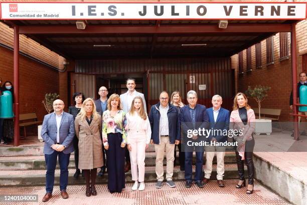 In this handout image provided by Casa de S.M. The King, Princess Leonor poses for a group photo as she attends a conference on Youth and...