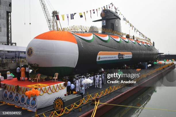 The Indian Navy's Vaghsheer, the sixth and final submarine of Project-75, gets pulled into the water for sea trials during its launch ceremony at the...