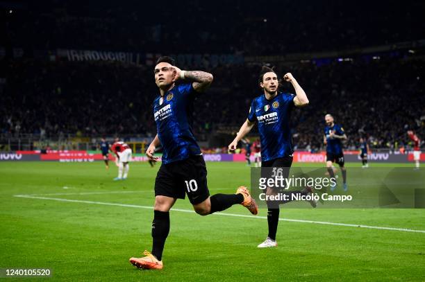 Lautaro Martinez of FC Internazionale celebrates with Matteo Darmian of FC Internazionale after scoring a goal during the Coppa Italia semi-final...