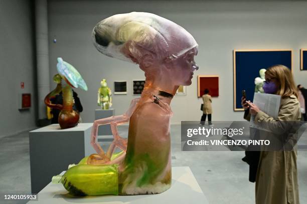 Visitor views "Impersonal Growth" by Romanian artist Andra Ursuta, during a press day at the 59th Venice Art Biennale in Venice on April 20, 2022. -...