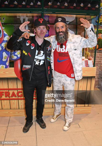 Philip Colbert and Alessandro Gallo pose in front of Colbert's 'The Lobstars Break Free In Venice' pop up shop at The Venice Venice Hotel on April...