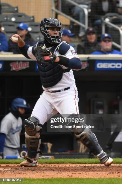 Minnesota Twins catcher Gary Sanchez throws to second during a game between the Minnesota Twins and Los Angeles Dodgers on April 13, 2022 at Target...