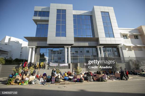 African irregular migrants stage sit-in protest in front of the UNHCR building demanding better life conditions and accommodation rights in Europe in...