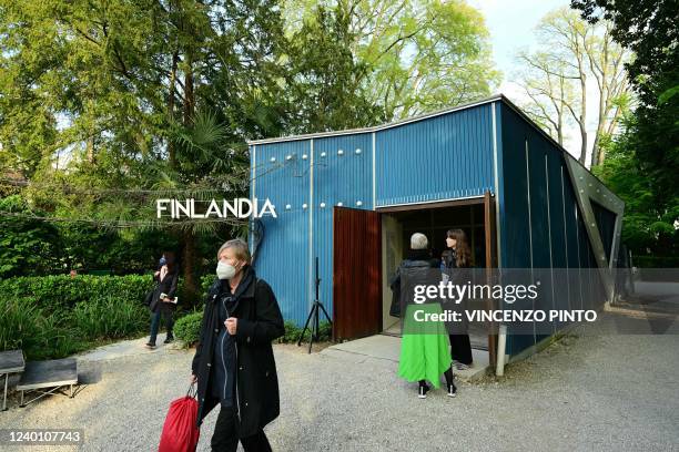 Visitors view the Pavilion of Finland, which was designed by Finnish architect Alvar Aalto in 1956, during a press day at the 59th Venice Art...