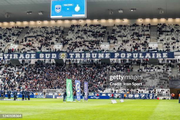 Fans Bordeaux during the Ligue 1 Uber Eats match between Bordeaux and Saint-Etienne at Stade Matmut Atlantique on April 20, 2022 in Bordeaux, France.