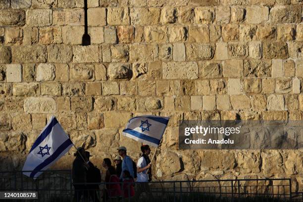 Number of far-right Israeli groups, holding Israeli flags, gather for "flag march" in West Bank on April 20, 2022. They were blocked by Israeli...