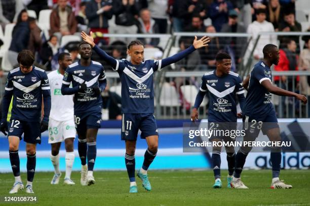 Bordeaux' French forward Sekou Mara celebrates after scoring a goal during the French L1 football match between FC Girondins de Bordeaux and AS...