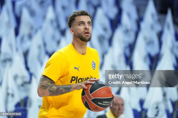 Scottie Wilbekin, #1 of Maccabi Playtika Tel Aviv warms up prior to the Turkish Airlines EuroLeague Play Off Game 1 match between Real Madrid and...