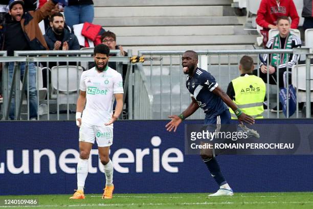 Bordeaux's Cameroonian midfielder Jean Onana celebrates after scoring a goal during the French L1 football match between FC Girondins de Bordeaux and...