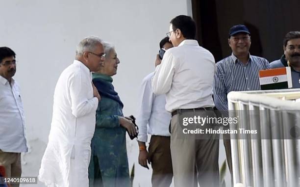Chhattisgarh Chief Minister Bhupesh Baghel, Congress leaders Randeep Singh Surjewala, Ambika Soni after a meeting at Sonia Gandhi's residence on...