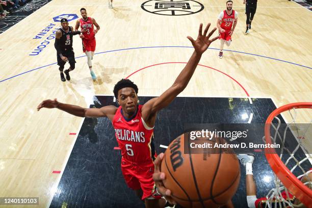 Herbert Jones of New Orleans Pelicans blocks a shot during the 2022 Play-In Tournament against the LA Clippers on April 15, 2022 at Crypto.Com Arena...