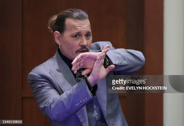 Actor Johnny Depp demonstrates how he claims he shielded himself from an alleged attack by his ex-wife Amber Heard as he testifies during his...