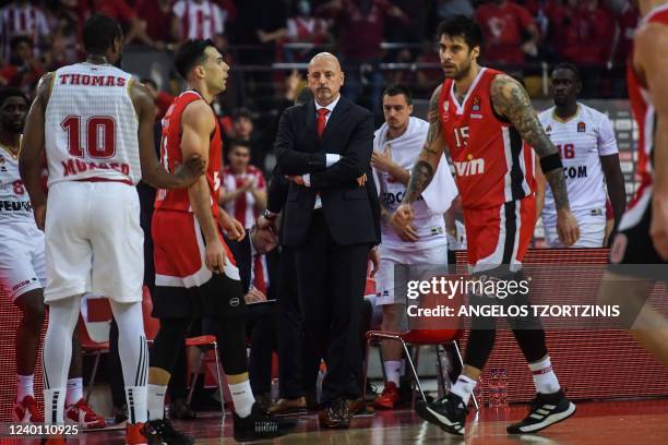 Monaco's Serbian head coach Sasa Obradovic stands on the sideline during the Euroleague playoff basketball match between Olympiacos Piraeus and AS...