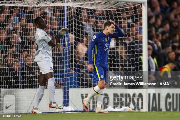 Following his mistake Andreas Christensen of Chelsea reacts after Eddie Nketiah of Arsenal scored a goal to make it 0-1 during the Premier League...