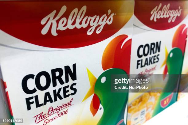 Kellogg's Corn Flakes packaging are seen in a store in Poland on April 19, 2022.