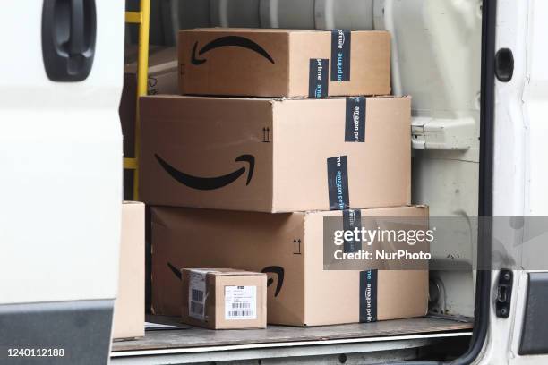 Amazon boxes are seen inside a delivery truck in Krakow, Poland on April 20, 2022.