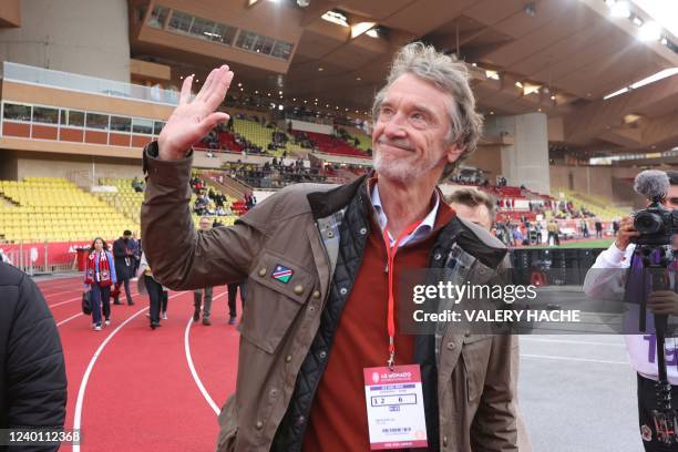 Sir James Arthur Ratcliffe waves before the French L1 football match between AS Monaco and OGC Nice at the "Louis II Stadium" in Monaco on April 20,...