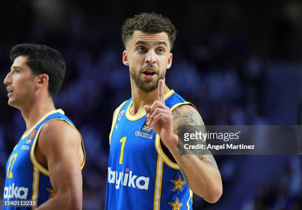 Scottie Wilbekin, #1 of Maccabi Playtika Tel Aviv gestures during the Turkish Airlines EuroLeague Play Off Game 1 match between Real Madrid and...