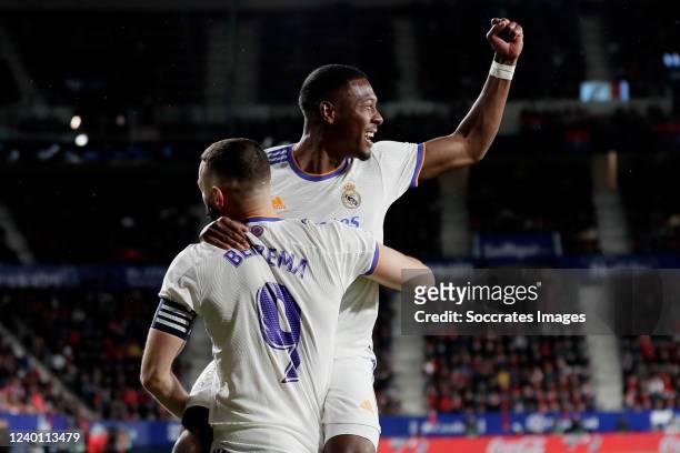 David Alaba of Real Madrid celebrates his 0-1 with Karim Benzema of Real Madrid during the La Liga Santander match between Osasuna v Real Madrid at...