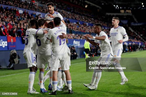 David Alaba of Real Madrid celebrates his 0-1 with team during the La Liga Santander match between Osasuna v Real Madrid at the Estadio El Sadar on...