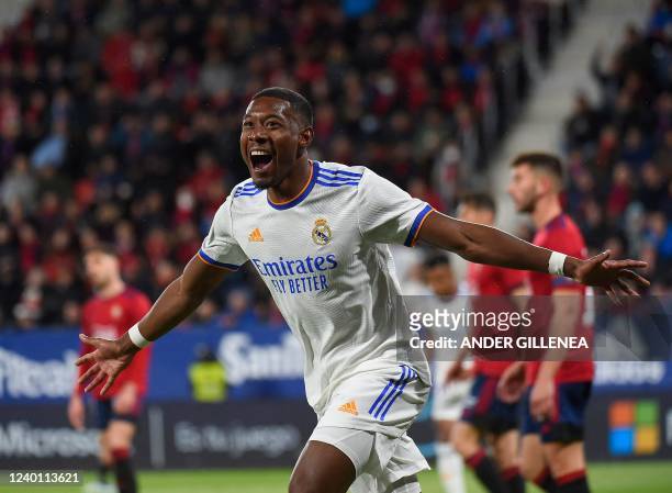Real Madrid's Austrian defender David Alaba celebrates after scoring his team's first goal during the Spanish League football match between CA...