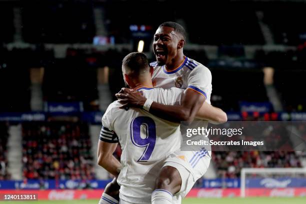 David Alaba of Real Madrid celebrates 0-1 with Karim Benzema of Real Madrid during the La Liga Santander match between Osasuna v Real Madrid at the...