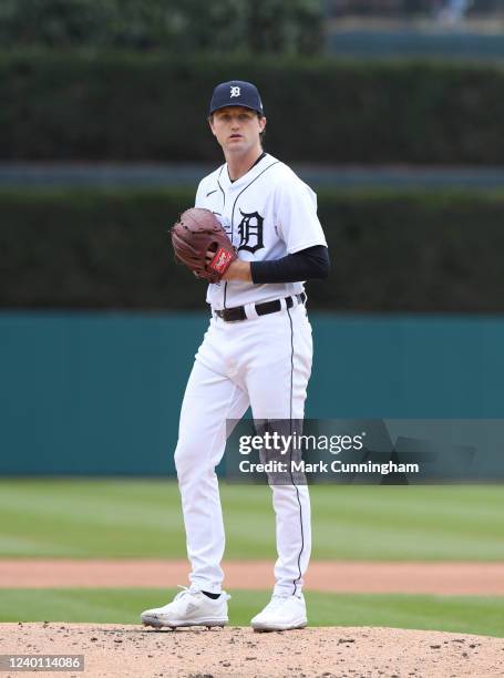 Casey Mize of the Detroit Tigers throws a warm-up pitch during the game against the Chicago White Sox at Comerica Park on April 9, 2022 in Detroit,...