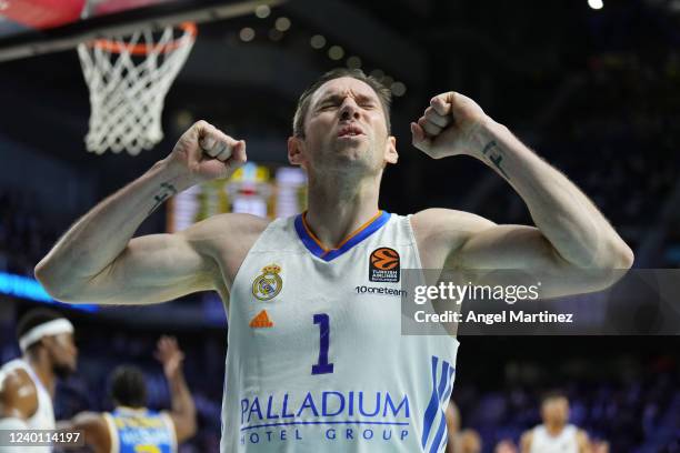 Fabien Causeur, #1 of Real Madrid reacts during the Turkish Airlines EuroLeague Play Off Game 1 match between Real Madrid and Maccabi Playtika Tel...