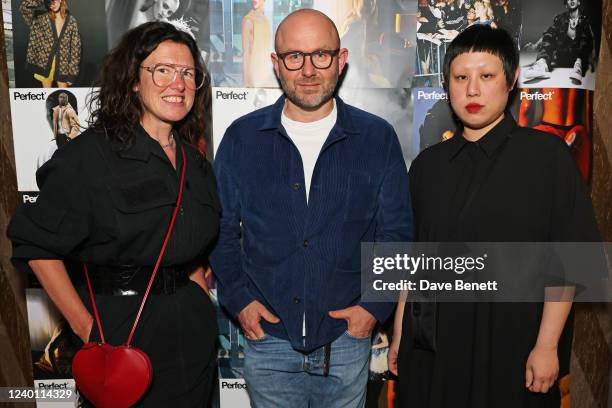 Katie Grand, Solve Sundsbo and Zhong Lin attend Perfect Magazine screening of "The Ben Cobb Show" at Everyman Baker Street on April 20, 2022 in...