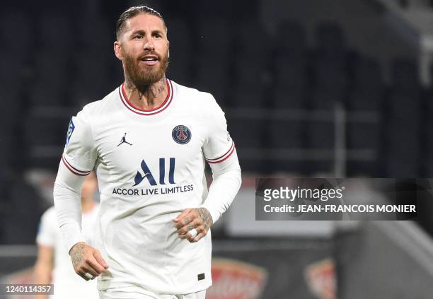 Paris Saint-Germain's Spanish defender Sergio Ramos celebrates scoring his team's second goal during the French L1 football match between Angers SCO...