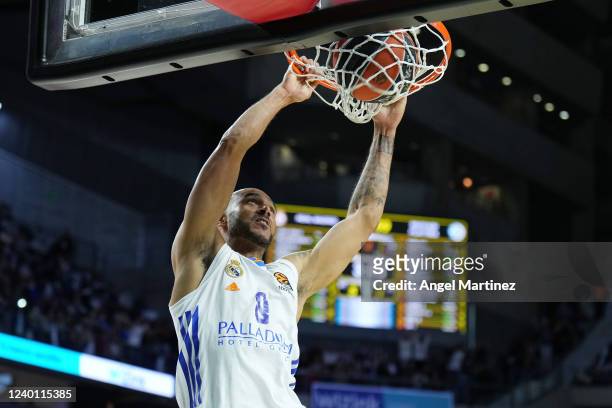 Adam Hanga, #8 of Real Madrid dunks the ball during the Turkish Airlines EuroLeague Play Off Game 1 match between Real Madrid and Maccabi Playtika...