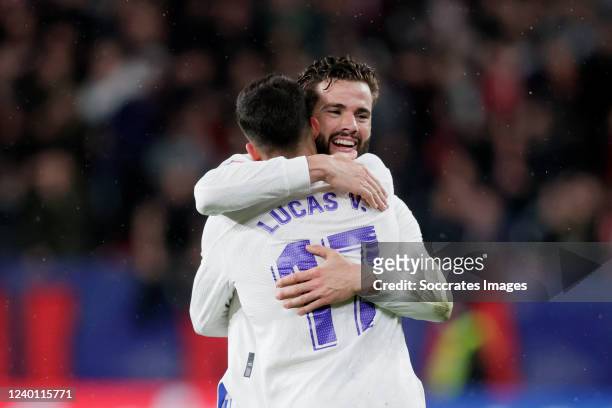 Lucas Vazquez of Real Madrid celebrates his 1-3 with Nacho Fernandez of Real Madrid during the La Liga Santander match between Osasuna v Real Madrid...