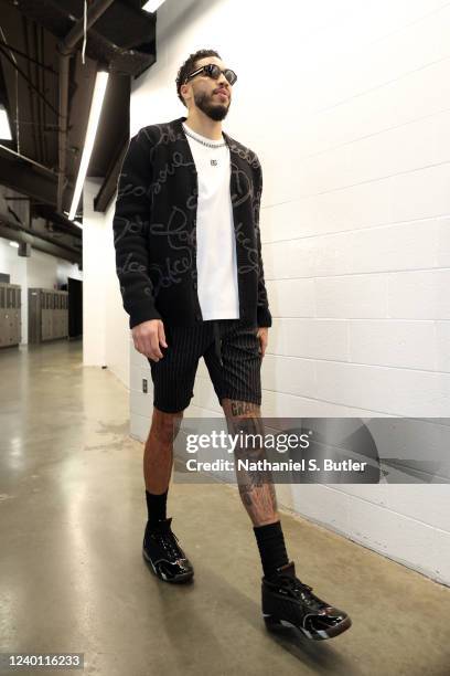 Jayson Tatum of the Boston Celtics arrives to the arena before the game against the Brooklyn Nets during Round 1 Game 2 of the 2022 NBA Playoffs on...