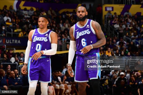 Russel Westbrook and LeBron James of the Los Angeles Lakers look on during the game against the New Orleans Pelicans on April 1, 2022 at Crypto.Com...