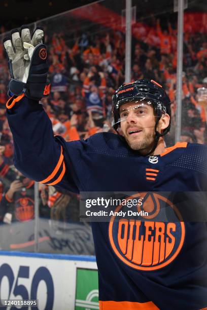Derek Ryan of the Edmonton Oilers celebrates after a goal during the game against the Dallas Stars on April 20, 2022 at Rogers Place in Edmonton,...