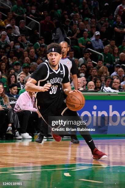 Seth Curry of the Brooklyn Nets dribbles the ball during Round 1 Game 2 of the 2022 NBA Playoffs against the Boston Celtics on April 20, 2022 at the...