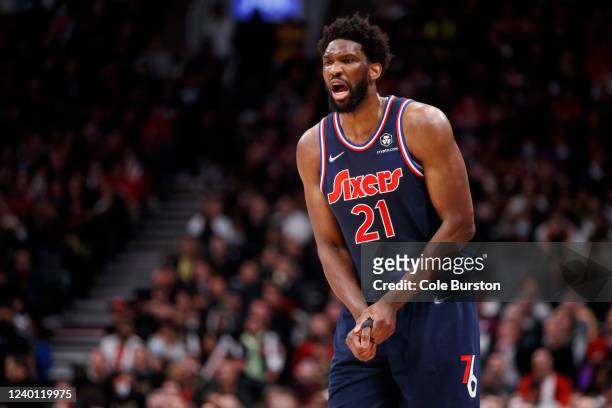 Joel Embiid of the Philadelphia 76ers holds his thumb in the second half of Game Three of the Eastern Conference First Round against the Toronto...