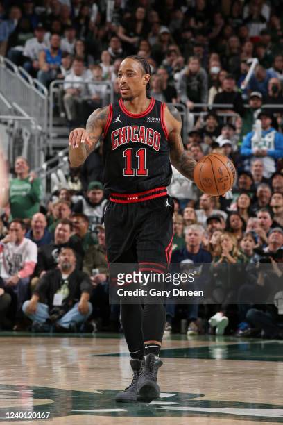 DeMar DeRozan of the Chicago Bulls dribbles the ball during the game against the Milwaukee Bucks during Round 1 Game 2 of the NBA 2022 Playoffs on...