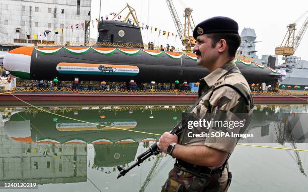 Sixth Scorpene submarine 'Vagsheer' is seen decorated before its launch at Mazagon dock in Mumbai. The sixth Scorpene submarine of Project-75 named...