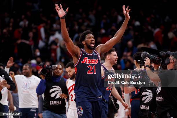 Joel Embiid of the Philadelphia 76ers waves after defeating the Toronto Raptors in Game Three of the Eastern Conference First Round at Scotiabank...