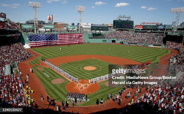 April 15: The Minnesota Twins and Boston Red Sox lineup during Opening Day at Fenway Park on April 15, 2022 in Boston, Massachusetts.