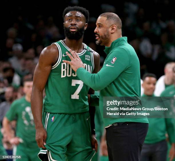 April 20: Celtics head coach Ime Udoka talks with Jaylen Brown during the second half of Round 1 Game 2 of the 2022 NBA Playoffs against the Brooklyn...