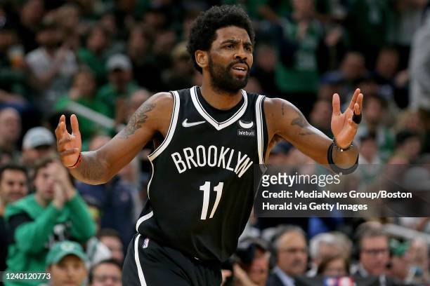 April 20: A frustrated Kyrie Irving of the Brooklyn Nets during the first quarter of Round 1 Game 2 of the 2022 NBA Playoffs against the Boston...