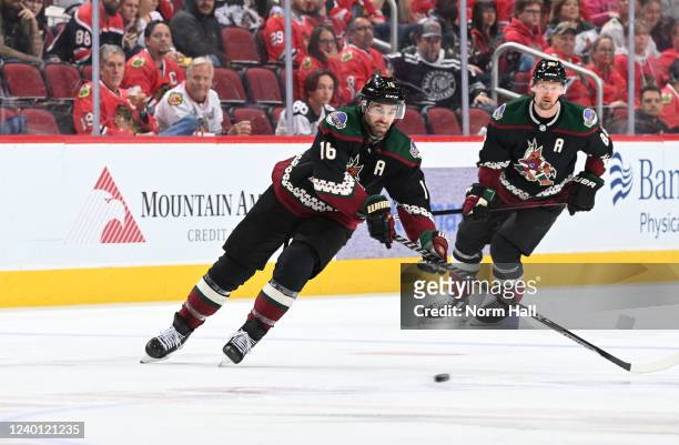 Andrew Ladd of the Arizona Coyotes skates with the puck against the Chicago Blackhawks at Gila River Arena on April 20, 2022 in Glendale, Arizona....