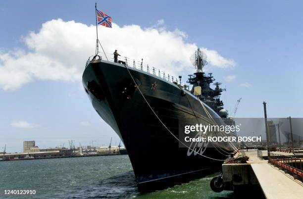 The Russian missile cruiser, "Peter the Great", is anchored in Table Bay Harbour, in Cape Town, on January 14, 2009. This nuclear powered warship is...